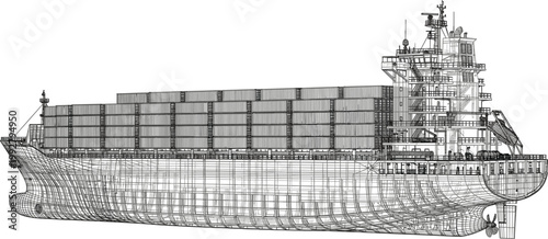 Wireframe cargo container ship side view with transparent hull structure and stacked containers maritime engineering illustration