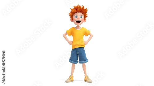 A joyful animated boy with spiky red hair and bright blue eyes, wearing a yellow t-shirt and denim