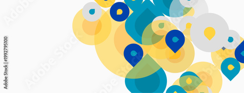 Abstract shapes overlap, creating vibrant color palette. Yellows, blues, whites dominate composition. Modern design element.