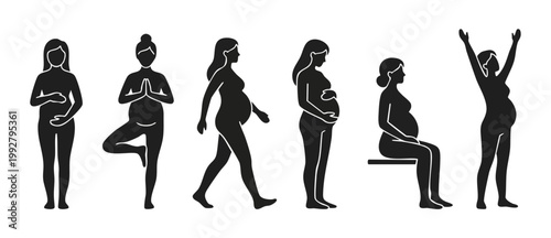 Pregnant woman silhouette set, different yoga and walking poses for maternity concept illustration, black flat icons isolated on white background for motherhood design, health and wellness collection