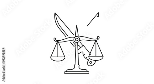 A set of justice scales with two balanced pans is illustrated alongside a large knife and a small cleaver all rendered in black outline on a clean white background.