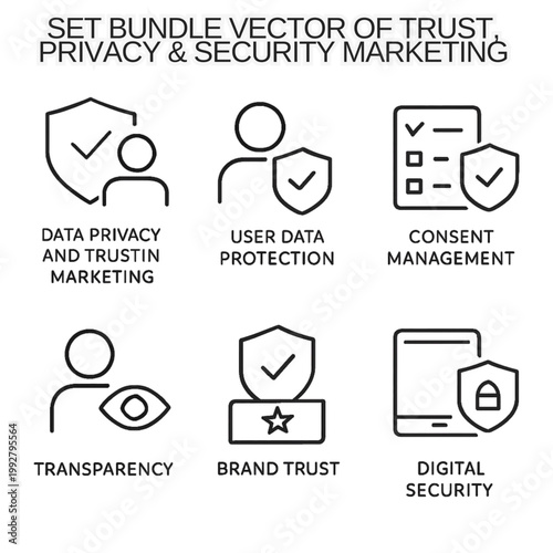 Vector icon set for digital trust, privacy, and security marketing, featuring symbols for data protection, consent management, transparency, and brand integrity.