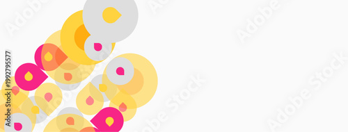 Abstract circles, pink, yellow hues dominate composition. Minimalist design, clean background, modern aesthetic. Shapes overlap creating dynamic visual effect.