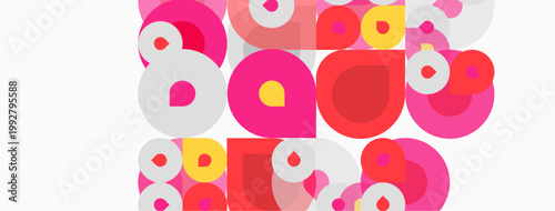 Abstract circles overlap, creating vibrant pinks, reds, whites. Pattern feels playful, modern, energetic. Simple shapes dominate composition.