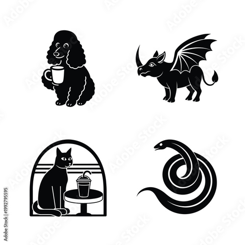 Set of cute poodle dog, fantasy flying rhino, cat in cafe, and snake silhouette designs.
