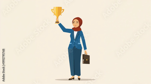 A successful hijab muslim businesswoman in a blue suit stands confidently, holding a golden trophy high in one hand and a briefcase in the other, symbolizing achievement and victory. flat vector