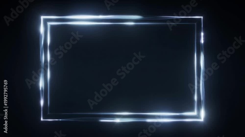 A futuristic motion graphics element featuring a glowing neon rectangular frame with a blue-white light border on a black background, designed as a UI template