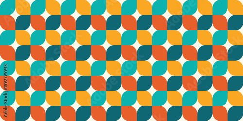 Mid-Century Modern Seamless Floral Geometric Pattern with Retro Petal Shapes in Teal and Terracotta