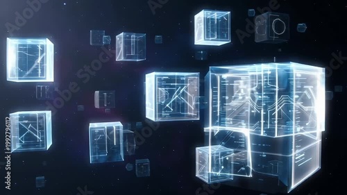 A futuristic abstract digital design features glowing blue 3D cubes and neon-lit blocks arranged against a modern technology background
