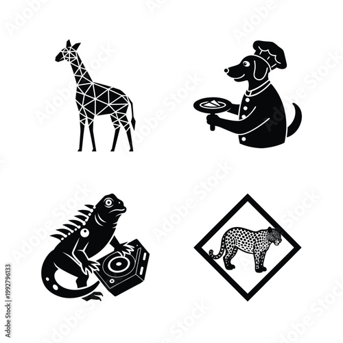 Dynamic animal illustrations black and white, chef dog iguana leopard.