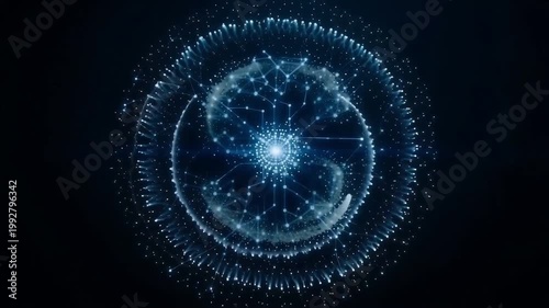 A glowing blue digital circle with a neon light effect forms a futuristic technology background and abstract motion graphics element.