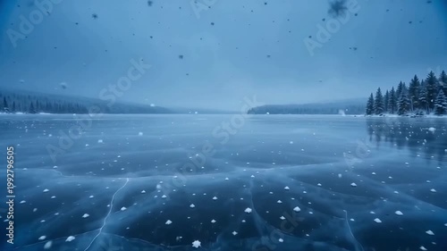 A frozen lake stretches across an icy landscape, surrounded by snow-covered trees in a quiet winter scenery