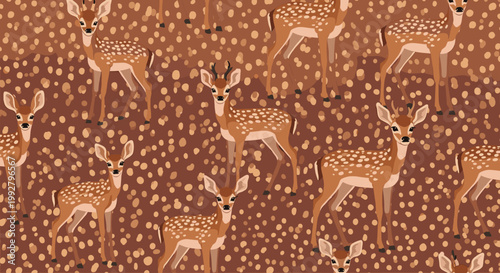 A peaceful illustration of deer foraging in an autumnal setting, ideal for conveying a sense of nature, tranquility, and seasonal beauty. Suitable for