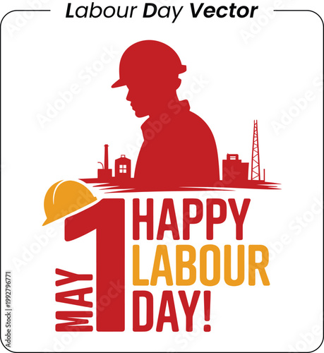 May 1 happy labour day vector graphic with worker silhouette and hard hats hard hat manual labor silhouette industry construction