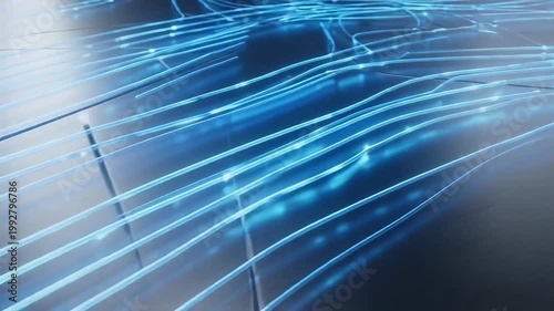 A futuristic cyberpunk-inspired background featuring glowing blue neon lines creates an abstract digital motion effect with strong technology aesthetics