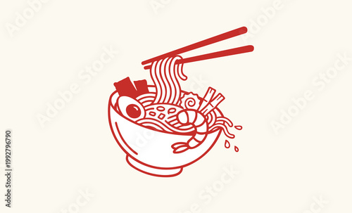 Minimalist red ramen bowl focused line art illustration for restaurant branding