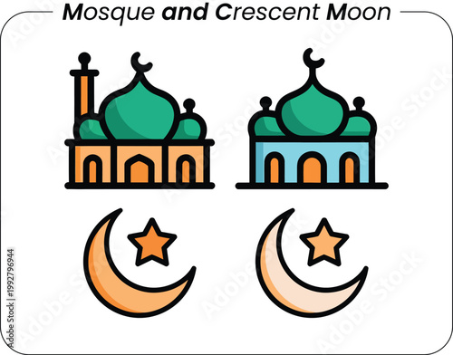 Mosque and crescent moon icons with star islamic symbols flat design holy place religion architecture building celestial