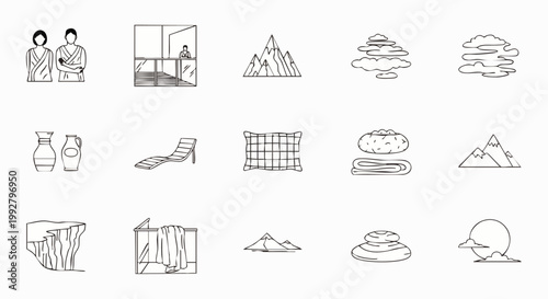 Minimalist line art icons depicting travel, nature, relaxation, and cultural elements. A diverse vector collection for web, print, and UI design.
