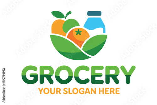 Colorful grocery logo design with fresh produce and beverage elements.