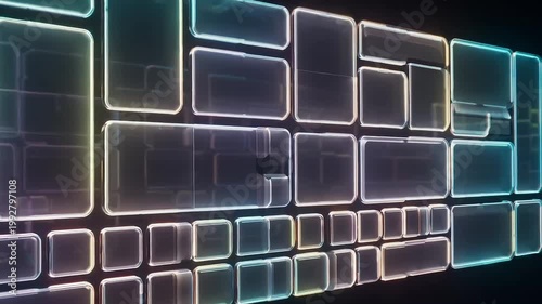 A futuristic digital background featuring a neon glowing grid with layered rectangles creates a modern technology concept design.