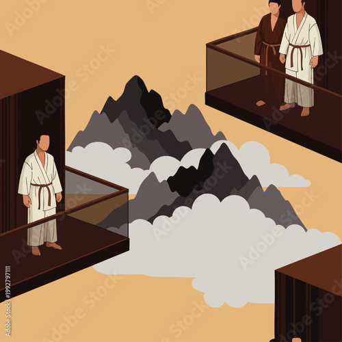 Martial arts training in a serene mountain landscape with modern architecture, representing discipline and personal growth.