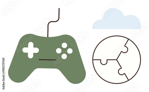 Online gaming, teamwork, collaboration, connectivity, digital entertainment, global gaming. Gaming controller, puzzle globe and cloud icon. Online gaming and teamwork concept