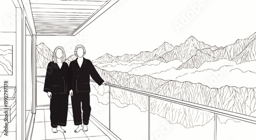 Couple Enjoying Stunning Mountain View from Balcony in Modern Home