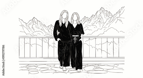 Two young women in black outfits standing on a balcony with a mountain landscape in the background, line art illustration.