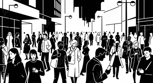 Diverse crowd of people walking in a busy city street.