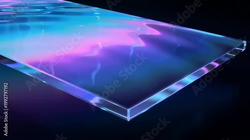 A transparent glass or acrylic sheet with a holographic effect creates a colorful, reflective surface with shifting light patterns