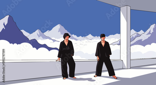 Two people in black practicing Tai Chi on a white balcony with snowy mountains and blue sky in the background