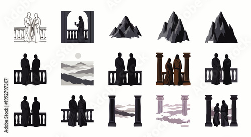 Collection of minimalist illustrations featuring robed figures, ancient architecture, and serene landscapes, evoking historical and philosophical contemplation.