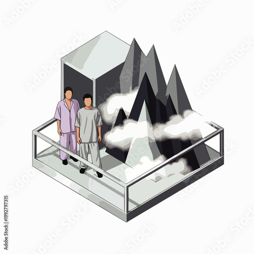 Isometric illustration of patients observing a miniature mountain landscape in a conceptual display, symbolizing health journey, recovery, and controlled environment.