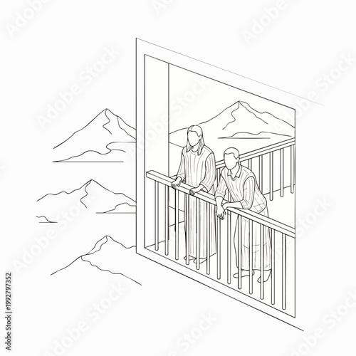Two men standing on a modern balcony, contemplating a vast mountain range vista. Minimalist line art illustration depicting scenic travel and thoughtful observation.