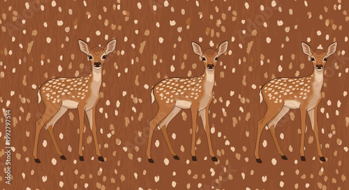 A charming illustration of a young deer amidst a speckled forest setting. Ideal for children's content, storybooks, or gentle branding needing a natur