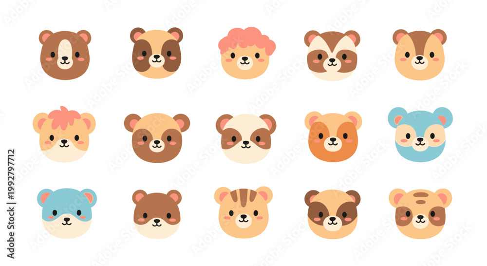 Fototapeta premium A group of cute animal faces with different expressions are shown in rows on a plain surface.