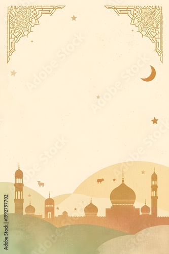 Eid al Adha Greeting Background with Islamic Pattern Mosque and Sheep Copy Space