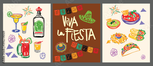 Cinco De Mayo Viva La Fiesta Poster with Mexican Food and Drinks Set