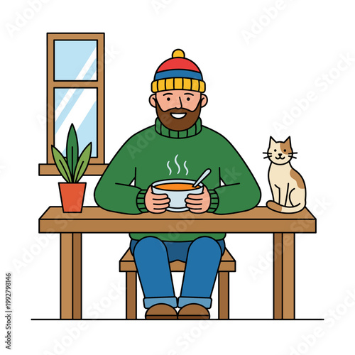 Man in beanie eating soup with cat nearby indoors