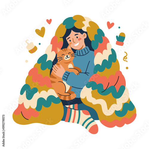 Woman cuddling orange cat under colorful blanket with hearts