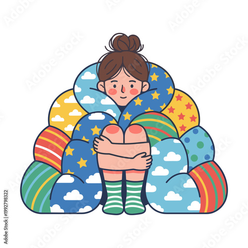 Young girl curled up under colorful patterned duvet
