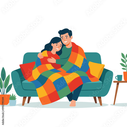 Couple cuddling under colorful blanket on sofa at home