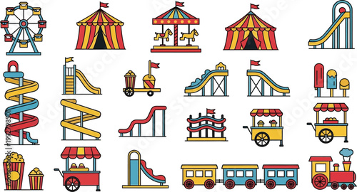 Set of Colorful Amusement Park and Carnival Attraction Icons Featuring Slides Tents Ferris Wheel and Food Carts Vector Illustration