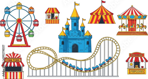 Set of colorful vector amusement park attractions featuring a ferris wheel roller coaster circus tent carousel castle and carnival food booths
