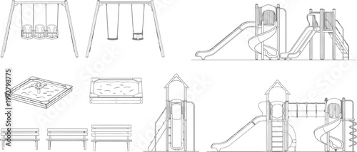 Collection of technical CAD vector line drawings featuring playground equipment like swings slides sandboxes and park benches for architectural landscape planning