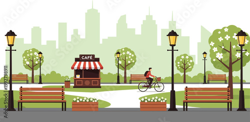 Flat Vector Illustration of a Peaceful City Park Featuring a Small Cafe Kiosk and a Cyclist Commuting Through Greenery