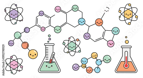 Science laboratory molecules and glassware illustration.
