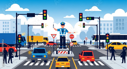 Traffic policeman directing vehicles at a busy city intersection.