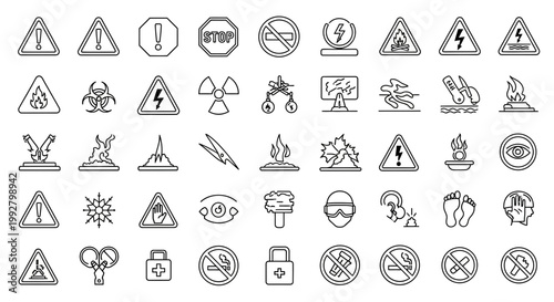 Warning signs and symbols for hazardous materials and conditions are displayed.