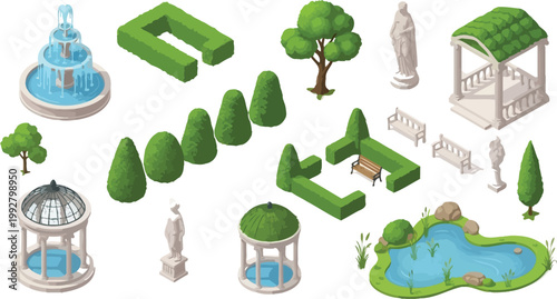 Isometric Garden Landscape Elements Set Featuring Fountains Gazebos Topiary Hedges Statues And A Decorative Pond For Architectural Design Projects